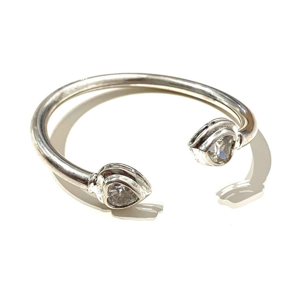 Vintage Silver Tone CZ Hearts Open Bangle